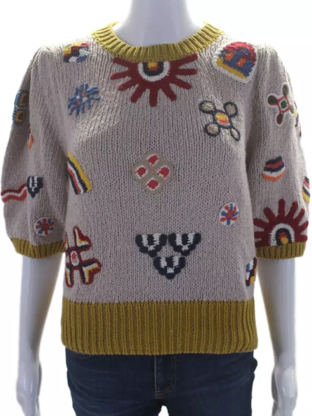Mother Women's Embroidered Puffy Sleeves Sweater Beige Cotton Size Medium